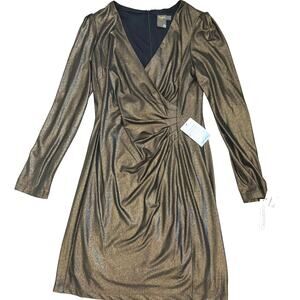 Taylor Metallic Black Copper Long Sleeve Ruched Dress Size 10 NWT